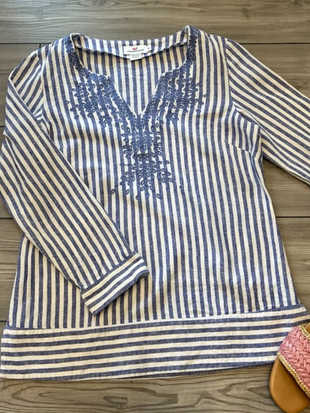 Vineyard Vines Blue & White Embroidered Linen Blend Swim Beach Coverup Medium